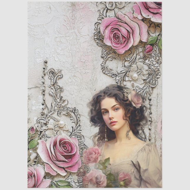 Papier Mousseline Élégante époque victorienne Lady Lavender Roses &  (Recto)