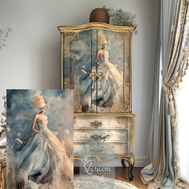 Papier Mousseline Élégante femme Portrait Floral Field Ethereal Art (Elegant Lady & Floral Fields, Romantic, Ethereal, Fantasy, Light Dusty Blue, Decoupage Tissue Paper)