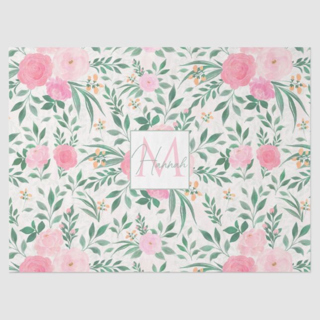 Papier Mousseline Elégante Fleurs Roses Blanches Aquarelle Florale (Recto)