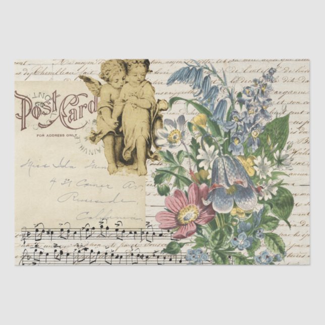Papier Mousseline Élégante Fleurs Vintages Cherubs Script (Recto)