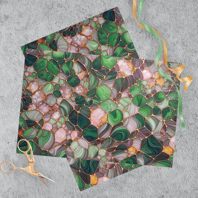 Papier Mousseline Elégante Gold Lines sur Emerald Green Mosaic (Créateur téléchargé)