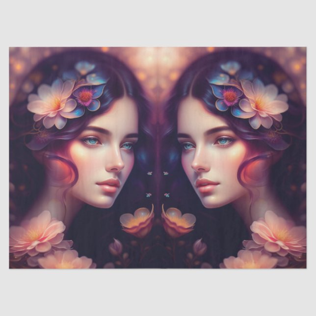 Papier Mousseline Elégante Lady Orange Rose Bleu Fleurs Découpage (Recto)