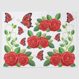 Papier Mousseline Élégante Rosée Rouge Fleur Et Papillon Découpage