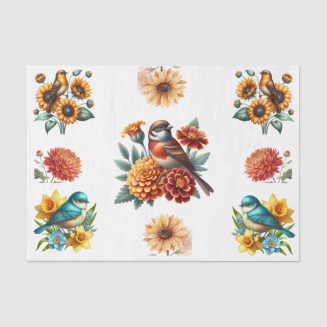 Papier Mousseline Éléments de fleurs et d'oiseaux aquarelle de print (Recto)