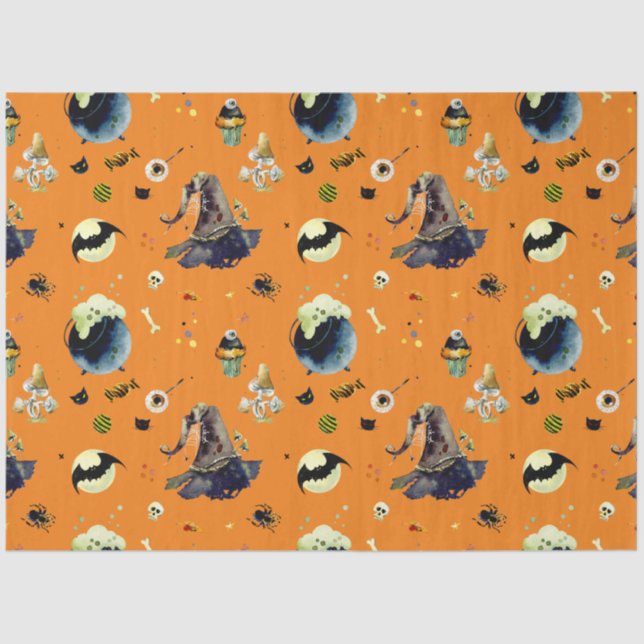 Papier Mousseline Eléments d'Halloween sur Orange (Recto)
