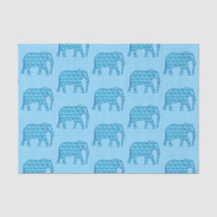 Papier Mousseline Eléphant à fleurs de Lotus, Turquoise et Blanc
