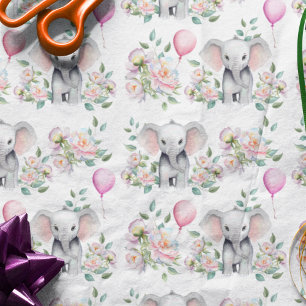 Papier Mousseline Eléphant Bébé avec pivoines et Baby shower à ballo
