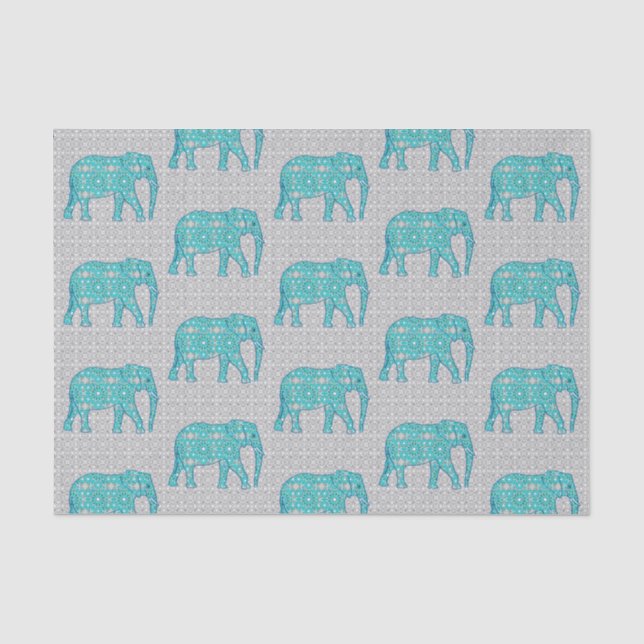 Papier Mousseline Eléphant de Fleur Mandala, Turquoise, Gris & Blanc (Recto)