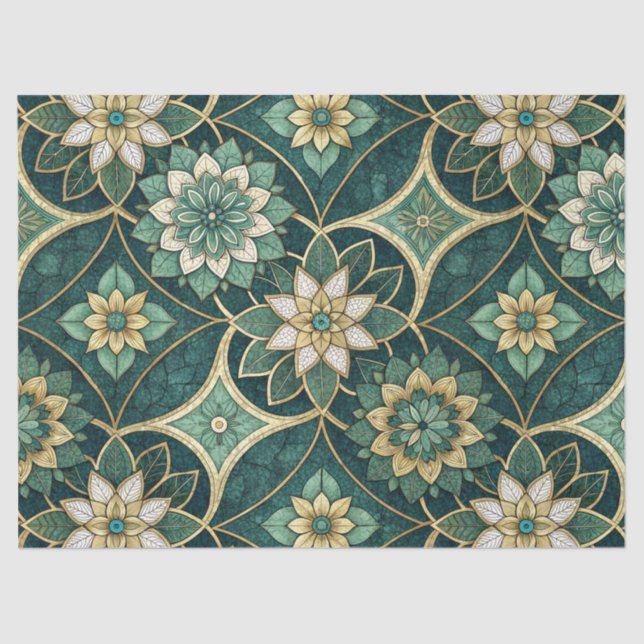 Papier Mousseline Emerald and Gold Floral Mandala - Ornamental (Recto)