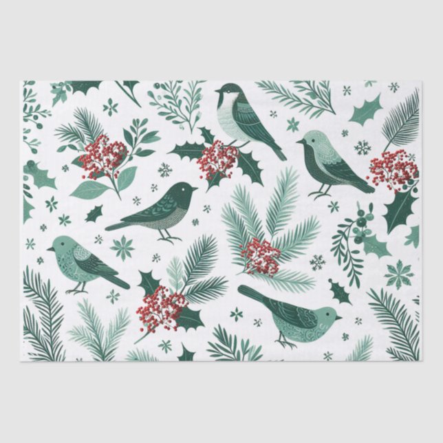 Papier Mousseline Emerald Green Holiday Birds Tissu Paper (Recto)