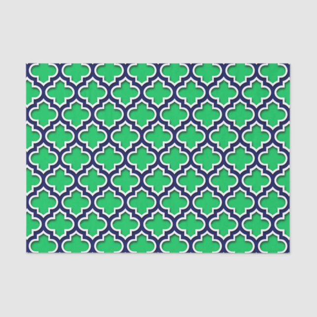 Papier Mousseline Emerald Green Navy White Quatrefoil marocain #5DS (Recto)