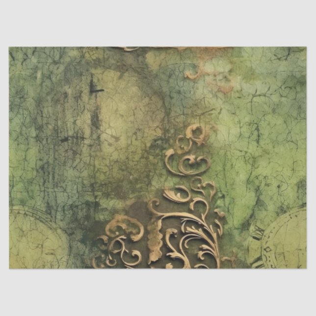 Papier Mousseline Émeraude Green Rustic Steampunk Horloge (11) (Recto)