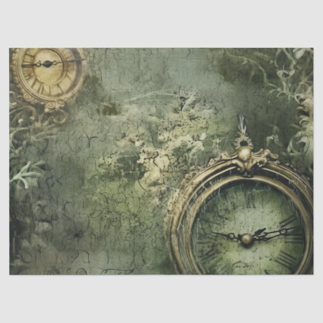 Papier Mousseline Émeraude Green Rustic Steampunk Horloge (7) (Recto)
