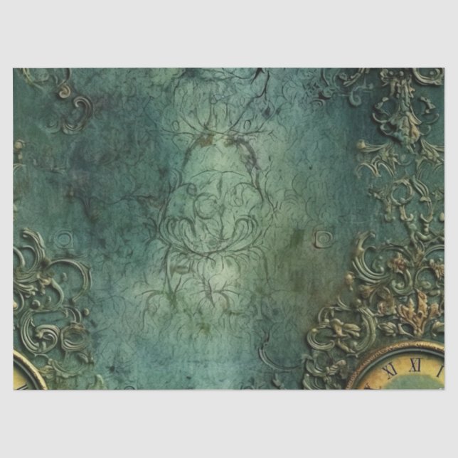 Papier Mousseline Émeraude Green Rustic Steampunk Horloge (8) (Recto)
