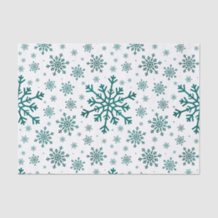 Papier Mousseline Émeraude Vert Noël Snowflakes sur Blanc d'hiver