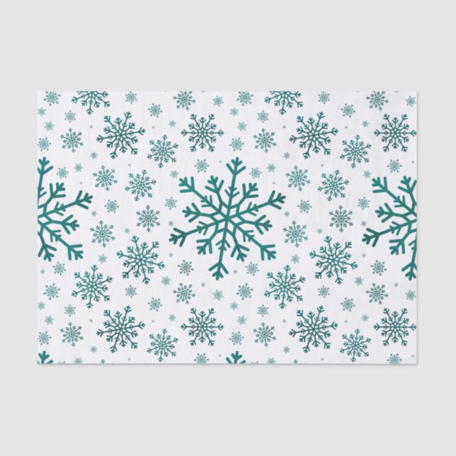 Papier Mousseline Émeraude Vert Noël Snowflakes sur Blanc d'hiver (Recto)