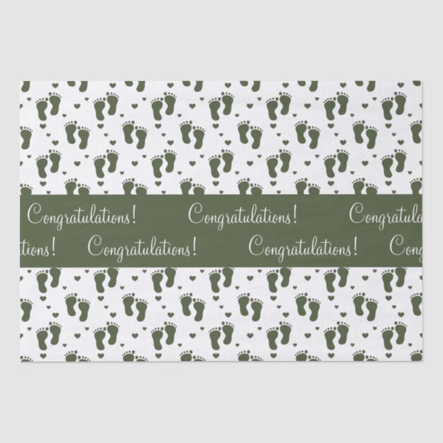 Papier Mousseline Empreintes de pas et coeurs de bébé de vert forêt (Recto)