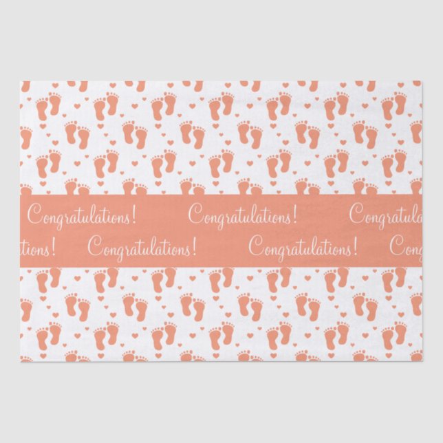 Papier Mousseline Empreintes de pas et coeurs oranges de bébé (Recto)
