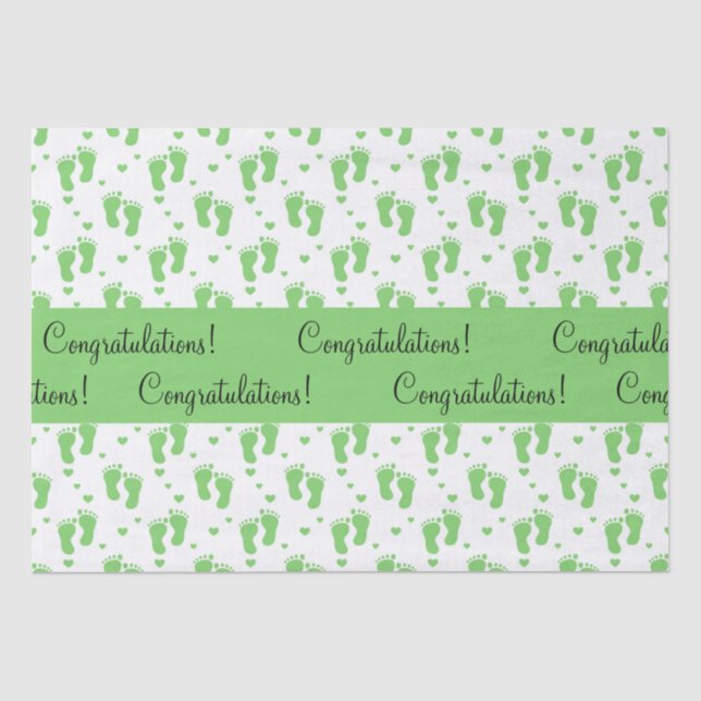 Papier Mousseline Empreintes de pas et coeurs verts de bébé (Recto)