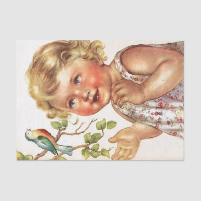 Papier Mousseline Enfant chéri vintage avec l'oiseau (Recto)