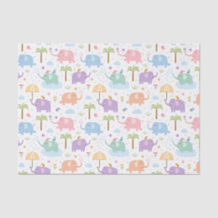 Papier Mousseline Enfants Eléphants Joyeux Pastel Rose Bleu Vert