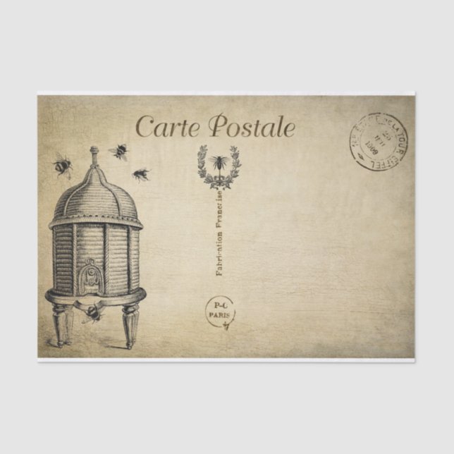 Papier Mousseline Ephemera Carte Postale Française Beehive Bees Deco (Recto)