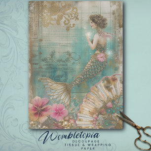 Papier Mousseline Ephémère de sirène vintage Découpage en vert, or