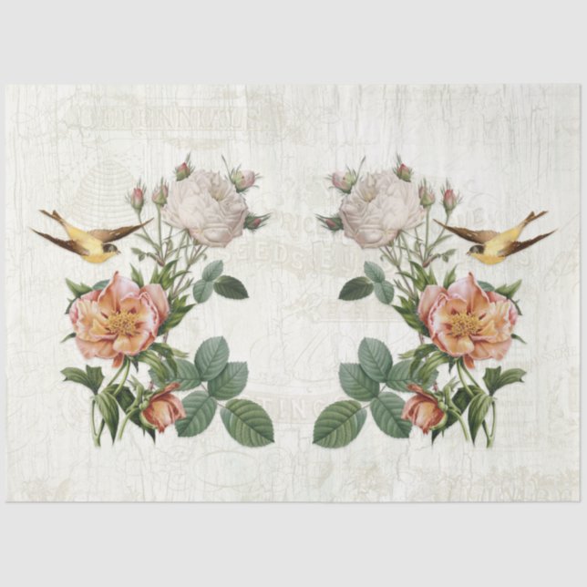 Papier Mousseline Ephémère vintage Botanique Oiseaux Fleurs Découpag (Recto)