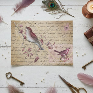 Papier Mousseline Ephémère Vintage de découpage rose rouge d'oiseaux