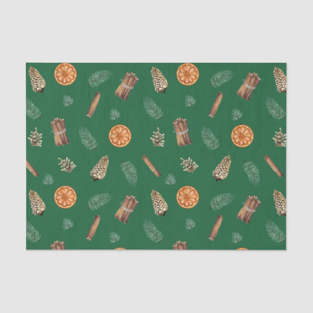 Papier Mousseline Épices orange de Noël, Pin, Pinecones Vert (Recto)