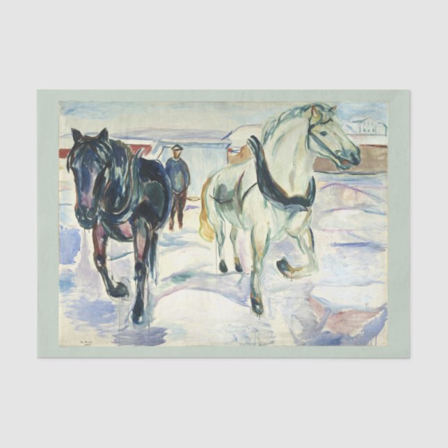 Papier Mousseline Équipe de chevaux en neige par Edvard Munch (Recto)
