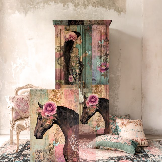 Papier Mousseline Esprit libre, cheval fantaisiste et patchwork vint (Pink & Green, Whimsical Horse, Vintage Patchwork and Floral Decoupage Tissue Paper)