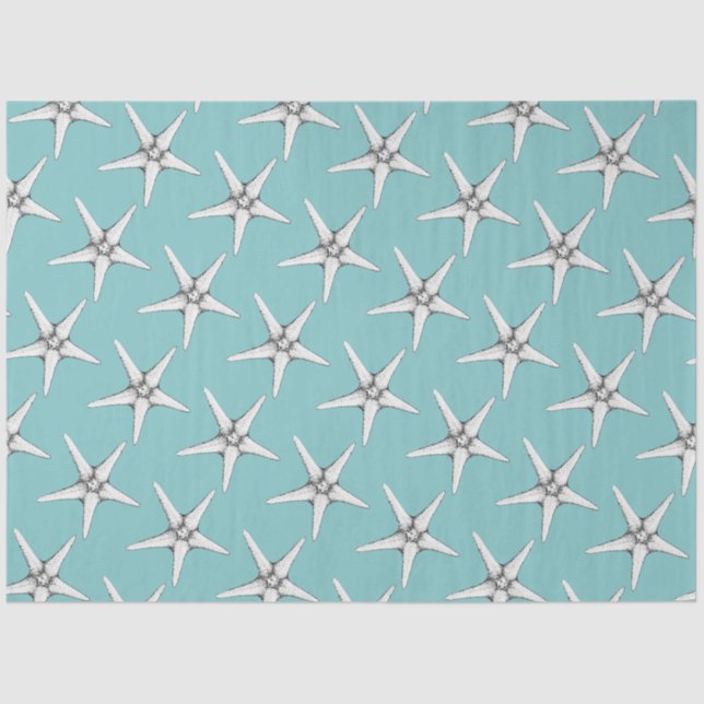 Papier Mousseline Estarfish blanc à motif bleu aqua (Recto)