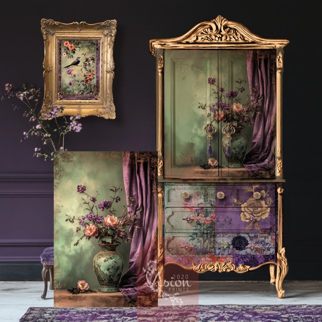 Papier Mousseline Esthétique orientale Chinoiserie Floral Vie morte (Oriental Aesthetics, Chinoiserie Still Life Vase & Floral, Decoupage Tissue Paper.)