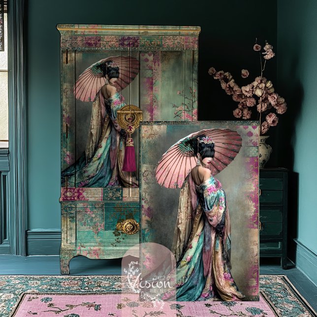Papier Mousseline Esthétique orientale Elegant Geisha Portrait (Oriental Aesthetics, Portrait Elegant Geisha, Eclectic Art Decoupage Tissue Paper)