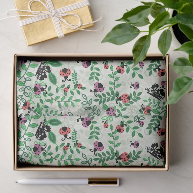 Papier Mousseline Été - Bugs dame, papillons et Feuilles (Cadeau)