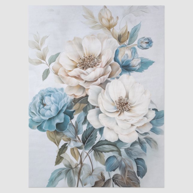 Papier Mousseline Ethereal Blanc & Bleu Bouquet Floral Découpage (Recto)