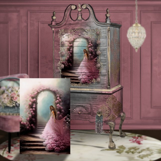 Papier Mousseline Ethereal Stairway Élégante femme Portrait Art (Stepping Up Floral Archway Elegant Woman Portrait Art 
Furniture Decoupage Mock Up)
