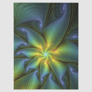 Papier Mousseline Étoile abstraite, art fractal doré vert bleu brill