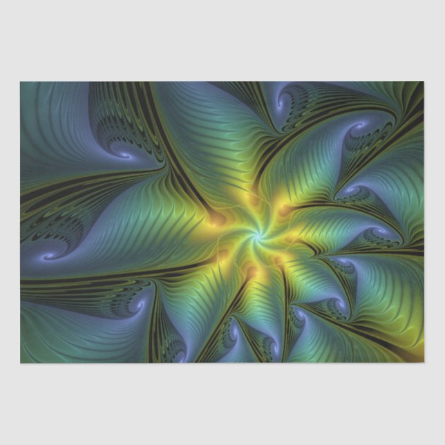Papier Mousseline Etoile Abstraite, Bleu brillant Vert Or Fractal Ar (Recto)