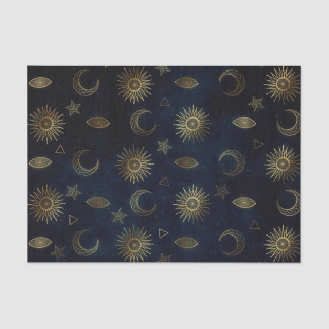 Papier Mousseline Étoiles célestes Blue Gold Sun Moon (Recto)