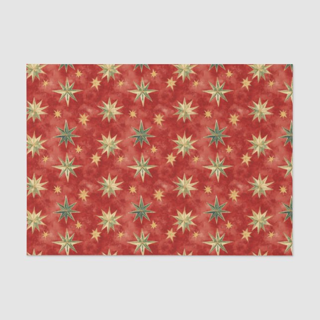 Papier Mousseline Étoiles de Noël Rouge Vert Or (Recto)