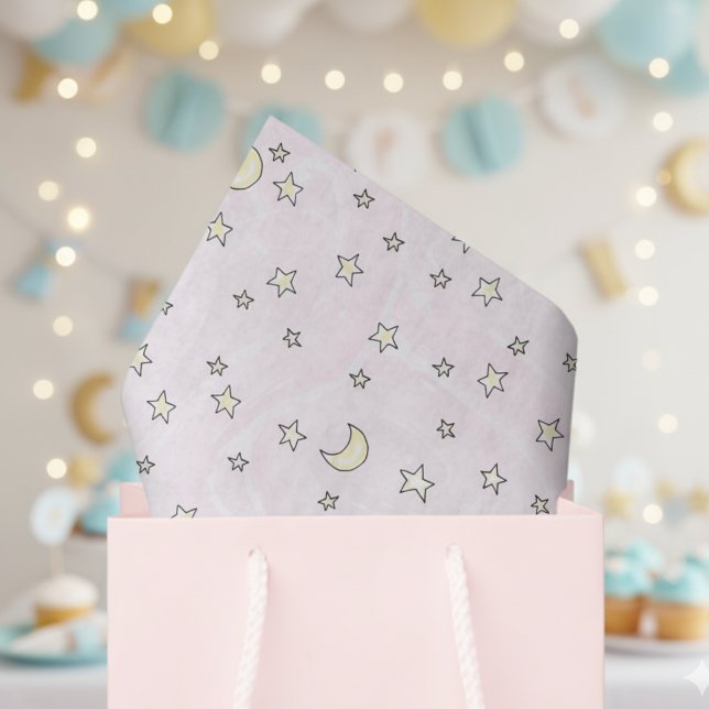 Papier Mousseline Étoiles et lunes roses tourbillonnant (Cute Stars and Moons Pattern Pastel Pink Gender Neutral Baby Shower Tissue Paper for Mother to Be.)