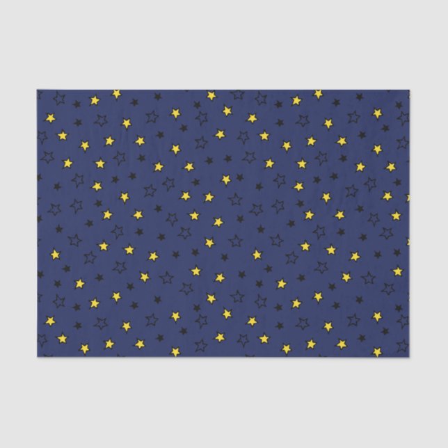Papier Mousseline Etoiles Jaunes de nuit sur Motif bleu marine (Recto)