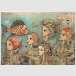 Papier Mousseline Etrange Femme Filles Sous La Mer Collage Découpage