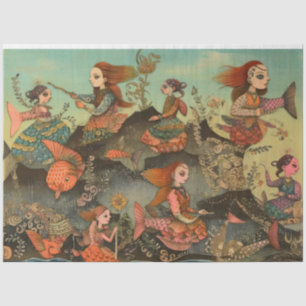 Papier Mousseline Etrange Femme Filles Sous La Mer Collage Découpage