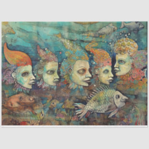 Papier Mousseline Etrange Femme Filles Sous La Mer Collage Découpage