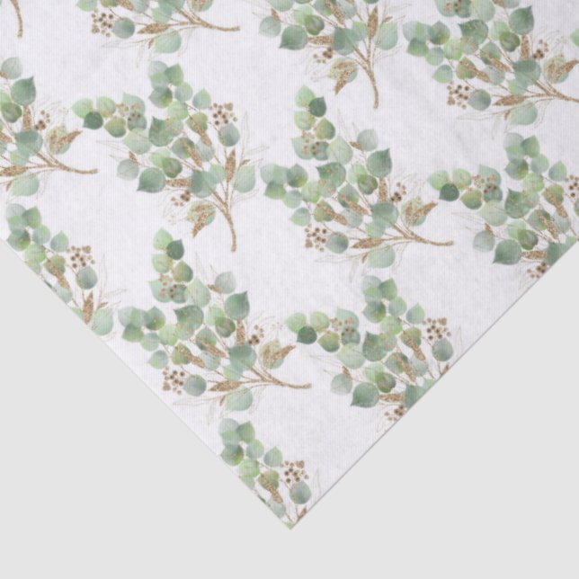 Papier Mousseline Eucalyptus Leaves and Branches Watercolor Pattern  (Détail)