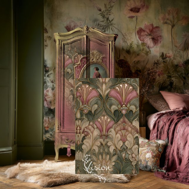 Papier Mousseline Éventail Art Nouveau sauge damassé motif Blush (Sage green blush art nouveau fan damask panel dark floral bedroom armoire fur rug)