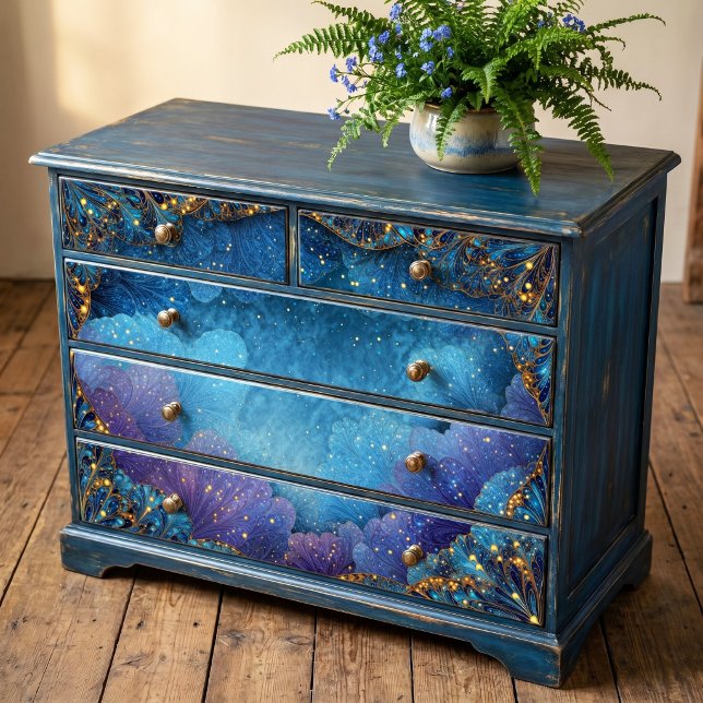 Papier Mousseline Éventail Indigo Céleste à Filigrane d'Or (Créateur téléchargé)